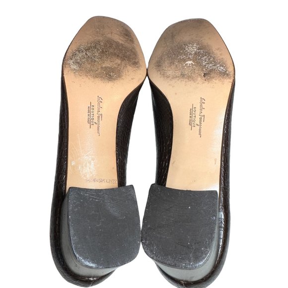 Salvador Ferragamo Brown Crocodile Print Horsebit Slip On Heels 9B - Picture 13 of 15